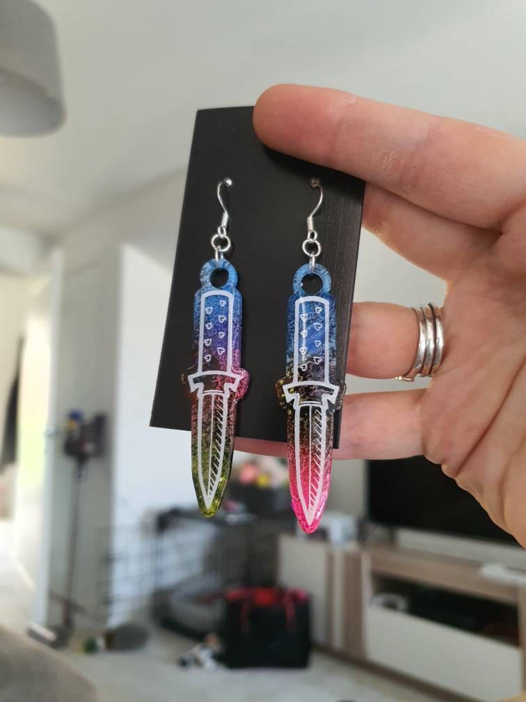 Alcohol Ink Multicoloured Dagger Resin Earrings