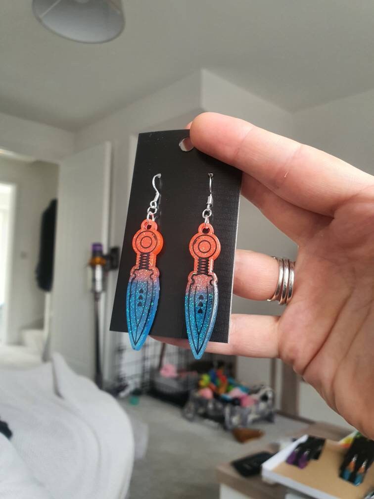 UV Active Glow Pink & Blue Throwing Knife Resin Earrings