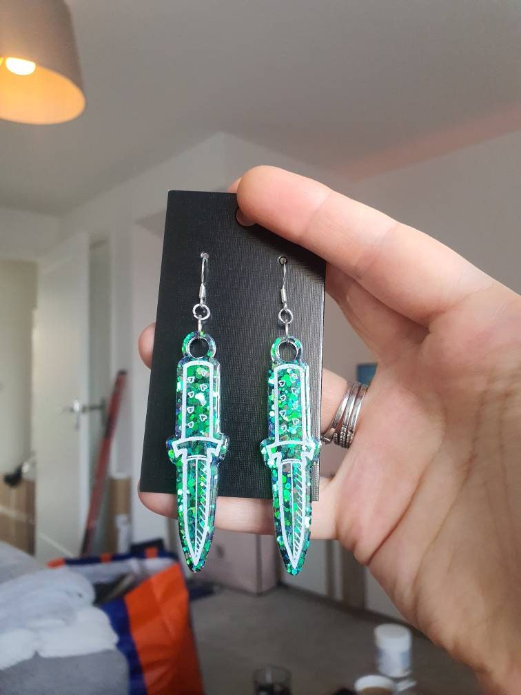 Colour Shift Green Dagger Resin Earrings