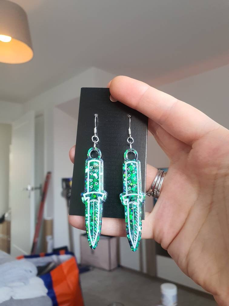 Colour Shift Green Dagger Resin Earrings