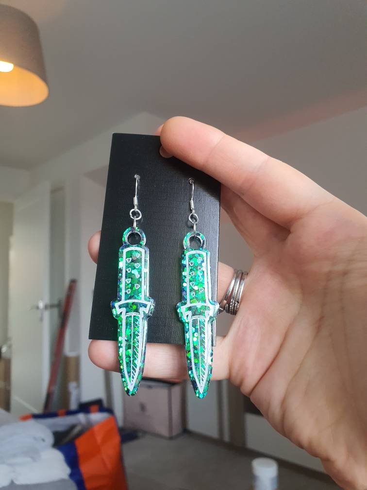 Colour Shift Green Dagger Resin Earrings