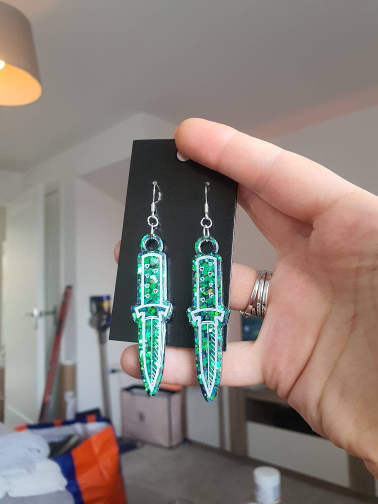 Colour Shift Green Dagger Resin Earrings