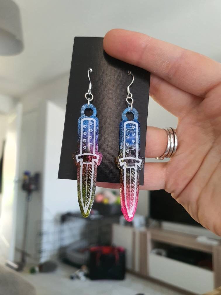 Alcohol Ink Multicoloured Dagger Resin Earrings