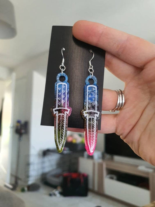 Alcohol Ink Multicoloured Dagger Resin Earrings