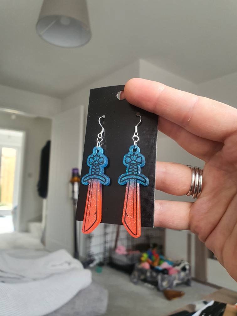 UV Active Glow Blue & Pink Falchion Sword Resin Earrings