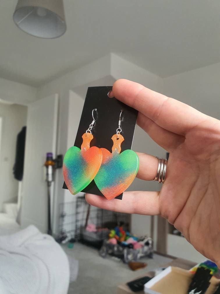 UV Active Glow Heart Paddle Resin Earrings